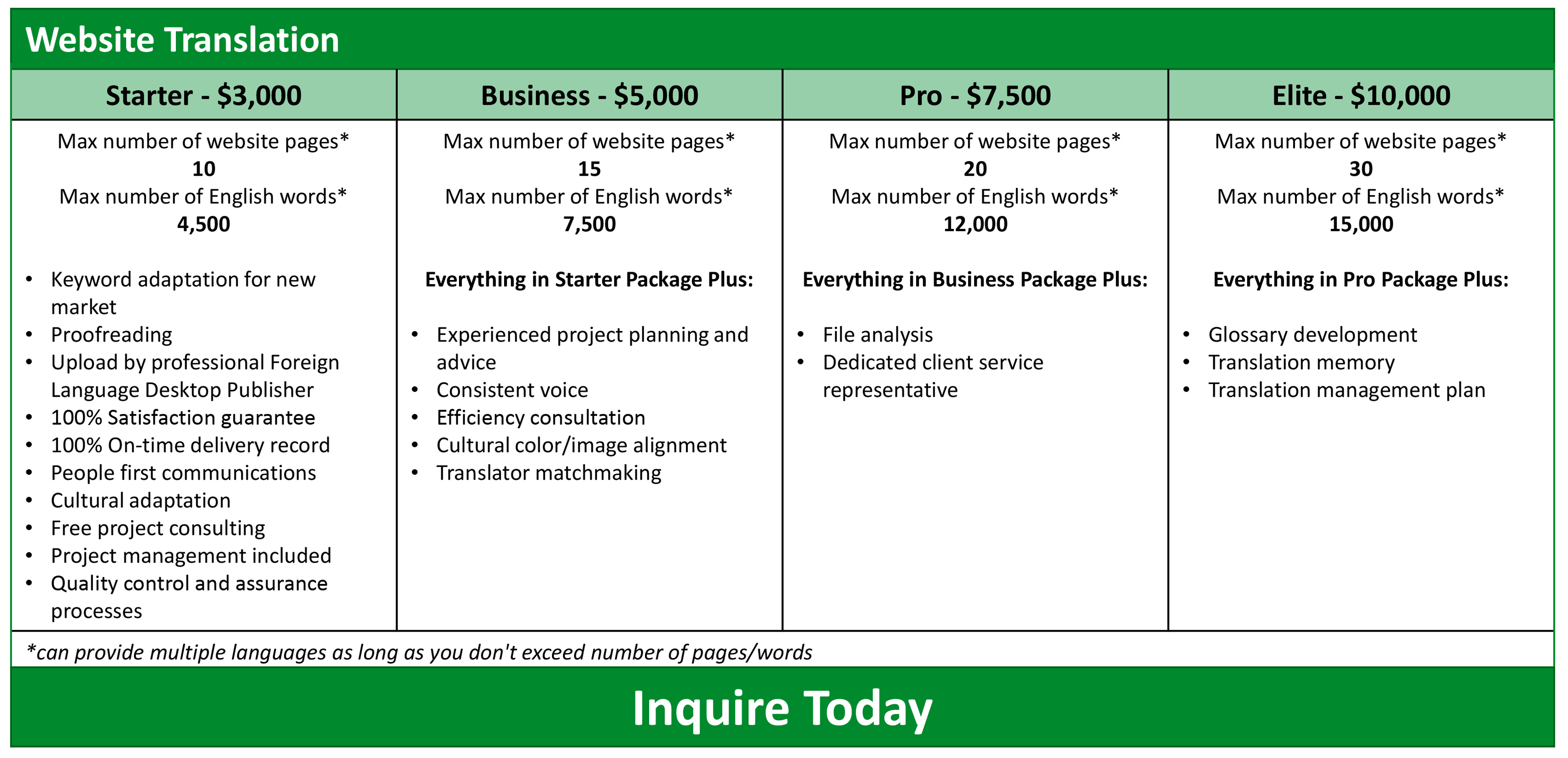 website translation pricing package